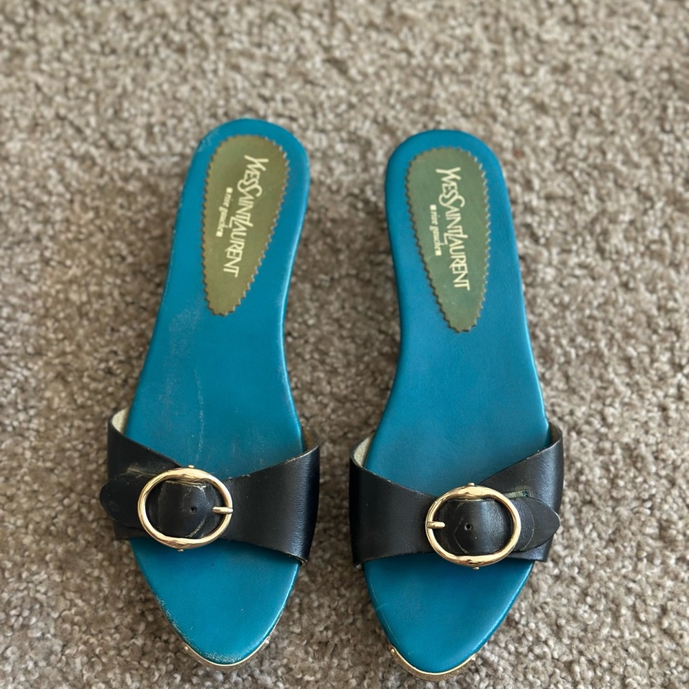 Saint Laurent Black and Gold Buckle Sandals